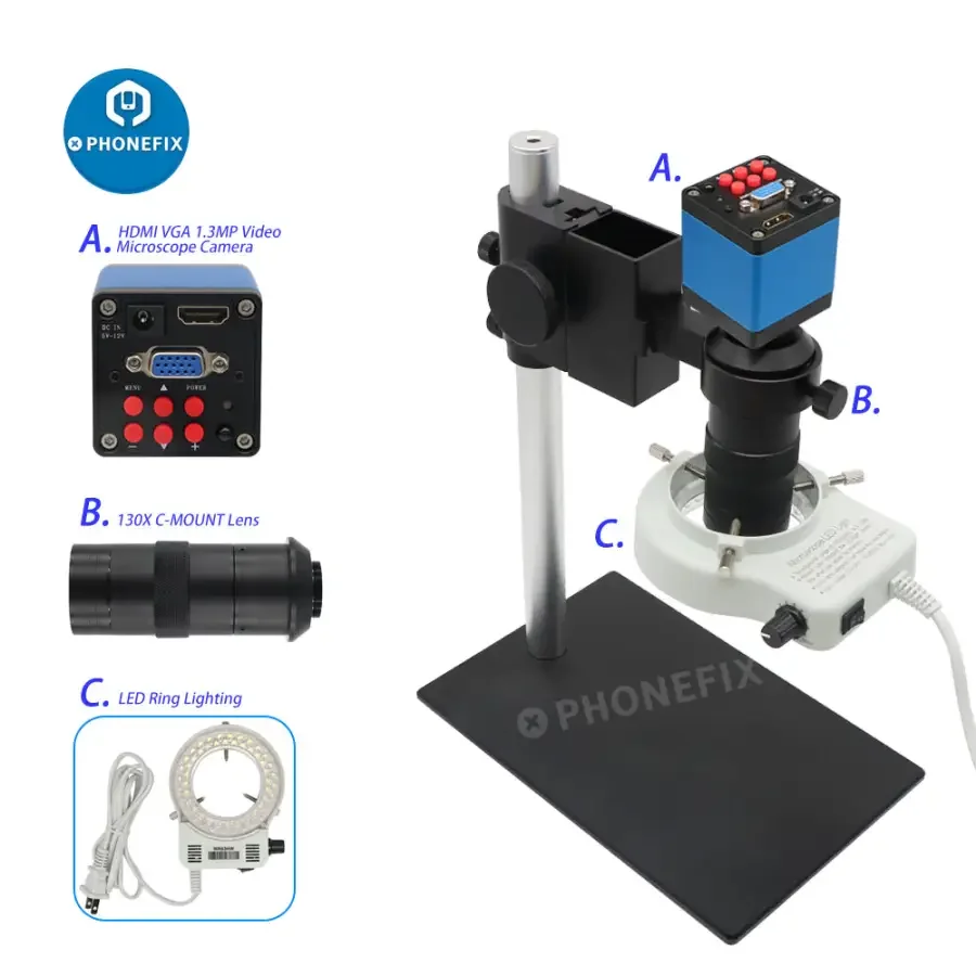 13MP HDMI VGA Industrial Camera Microscope Set 130X Lens 40 LED Lights - Image 4