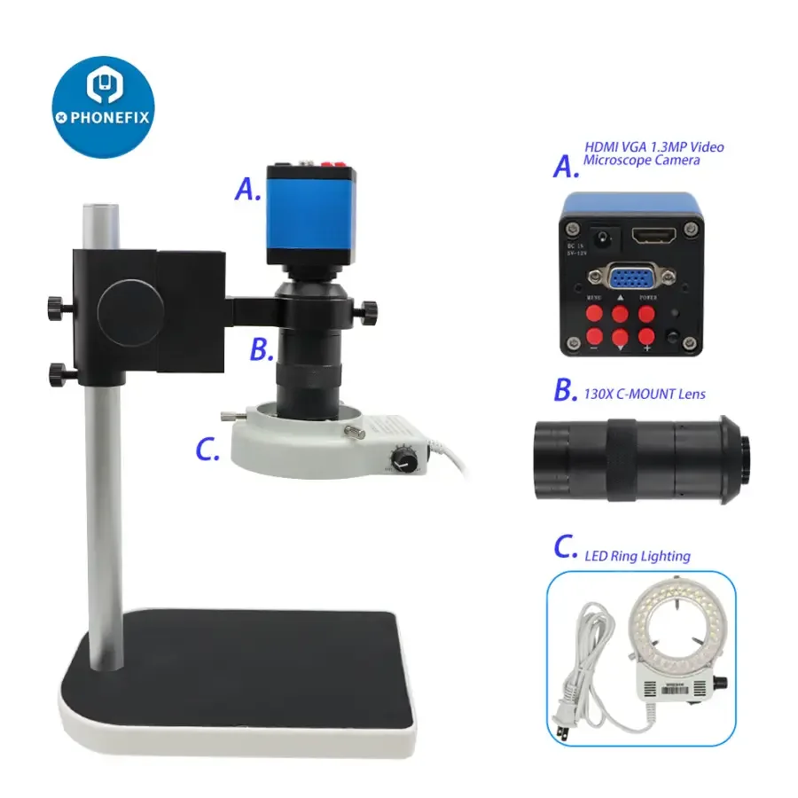 13MP HDMI VGA Industrial Camera Microscope Set 130X Lens 40 LED Lights - Image 6