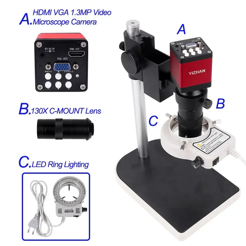 13MP HDMI VGA Industrial Microscope Camera C Mount Lens Ring Light Lamp - Image 23