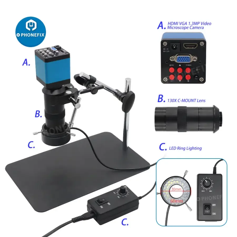 13MP Industrial Camera 130X Lens 40 LED Light Super Clamp Microscope Set - Image 2
