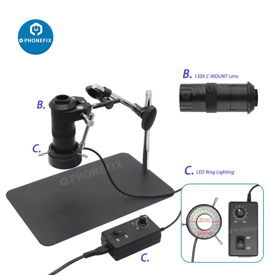 13MP Industrial Camera 130X Lens 40 LED Light Super Clamp Microscope Set - Image 5
