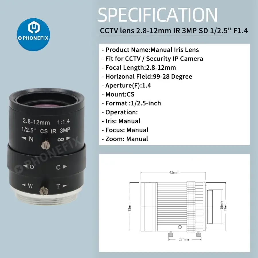 2.8-12mm CCTV Lens 1/2.5" F1.4 3MP Varifocal CS Mount Lens - Image 6