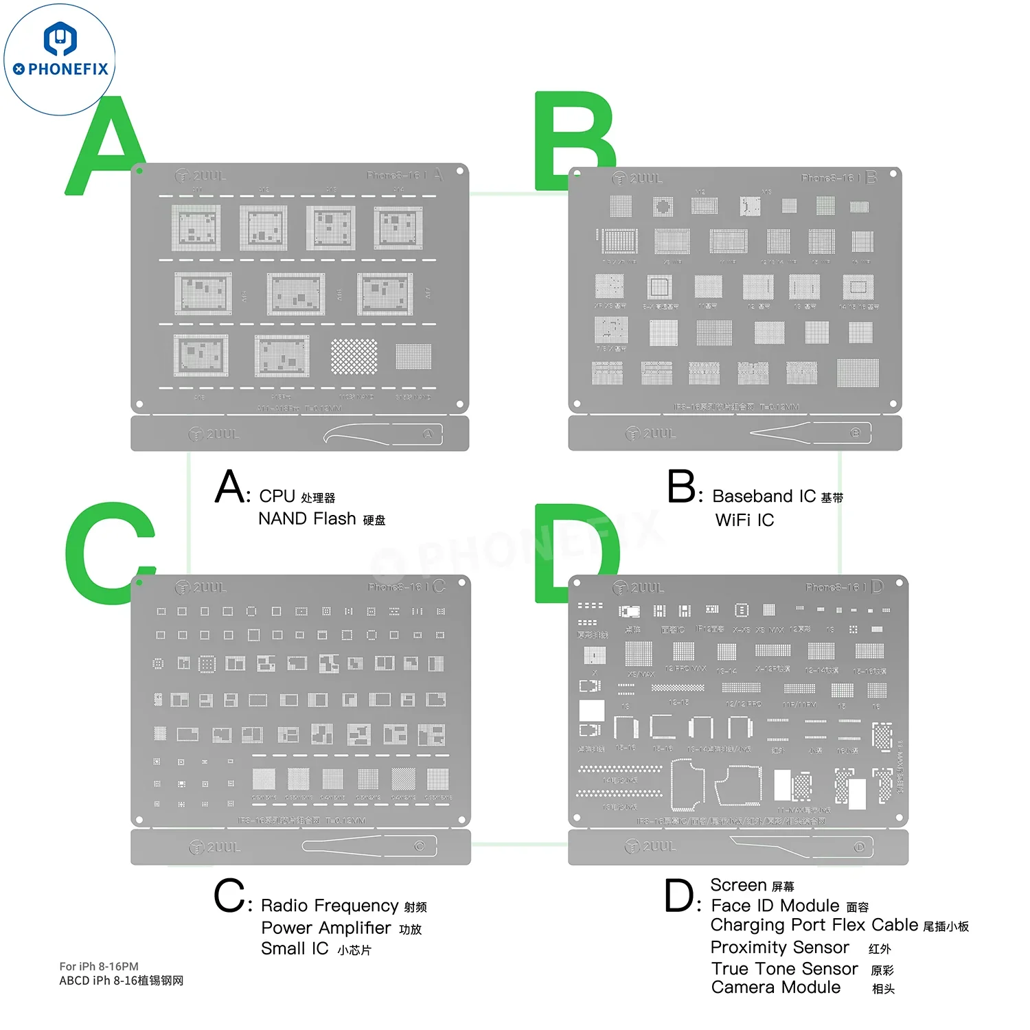 2UUL BG01 ABCD Reballing Stencil for iPhone 8-16 Pro Max All Chips - Image 3