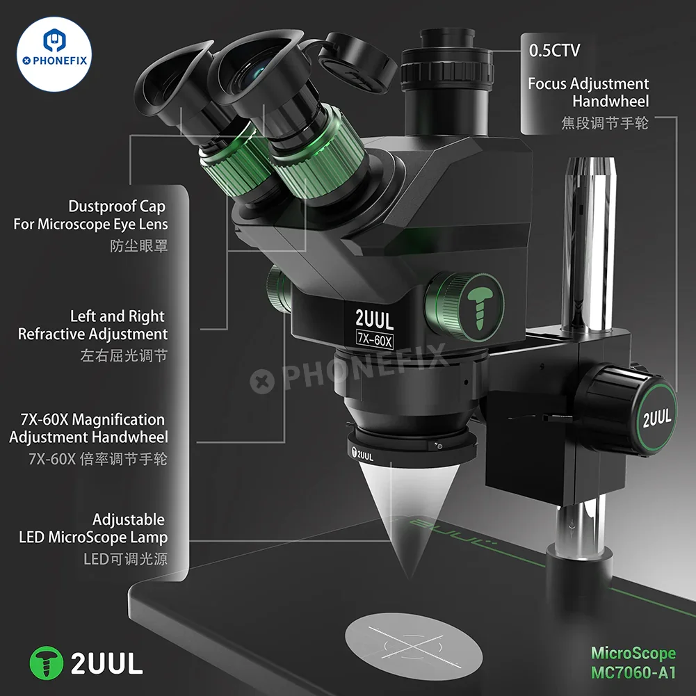 2UUL MC7060-A1 7-60X PCB Micro-Soldering Trinocular Microscope - Image 8