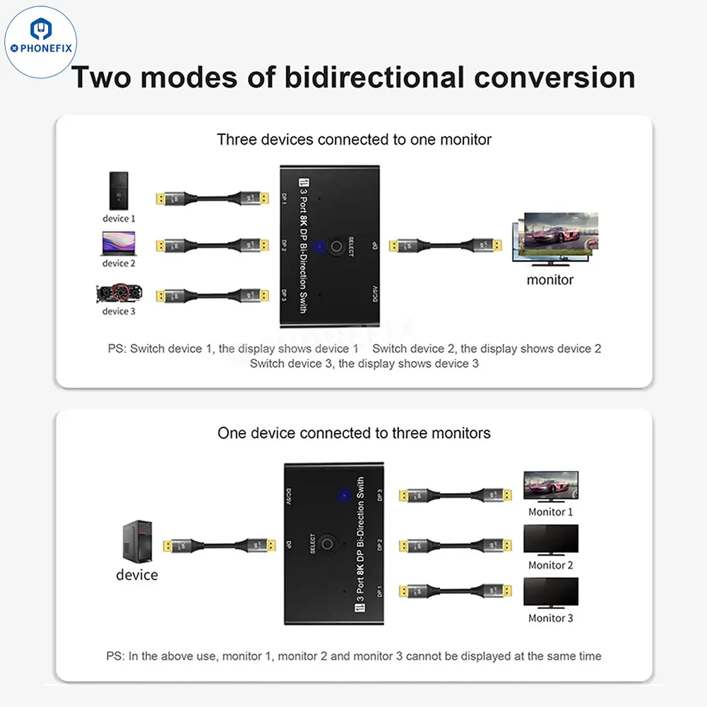 3-Port 8K DP Bi-Directional Switch 30Hz HD DP1.4 Video Converter - Image 6