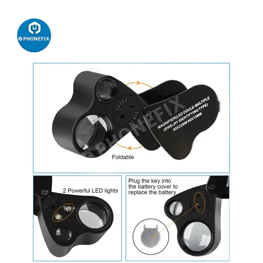 30X-60X Foldable Jewelry Magnifier With LED Light Repair Assist Tool - Image 7