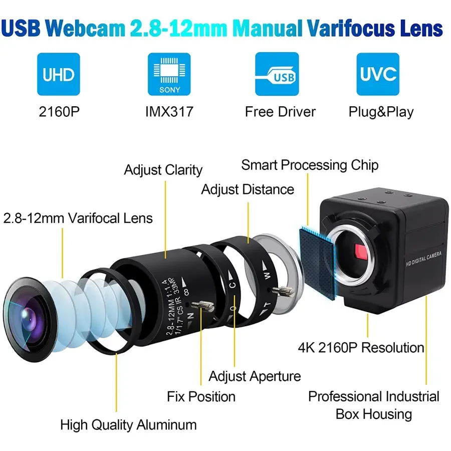 4K 8MP HD Varifocal Webcam Optical Zoom USB Web Camera - Image 4