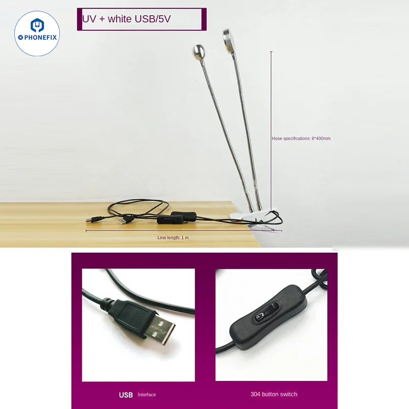 5V USB LED Curing Light Shadowless UV Glue Curing Dual Tube Lamp - Image 2
