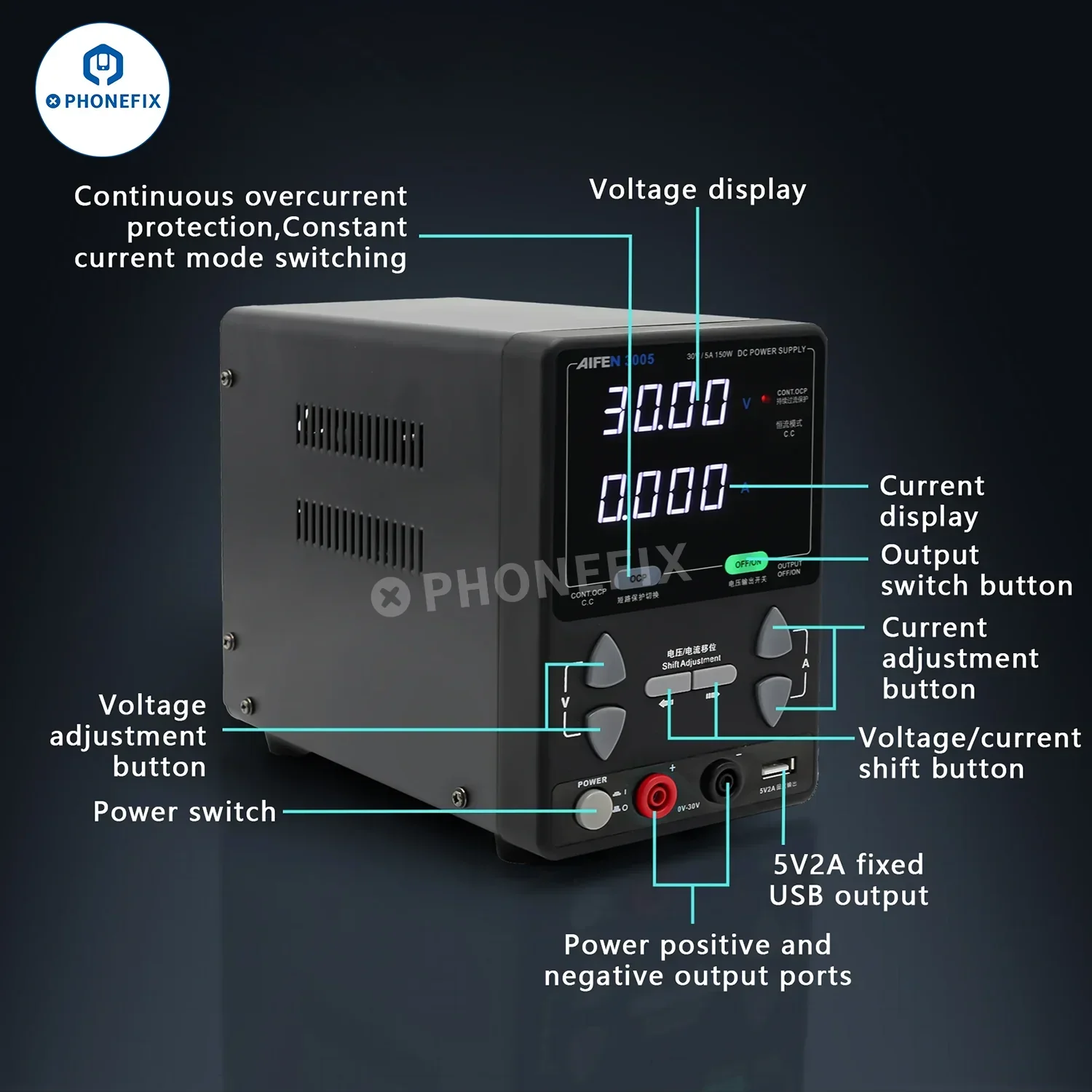 AIFEN 3005 Intelligent 150W 30V 5A DC Power Supply 4-digit Display - Image 4