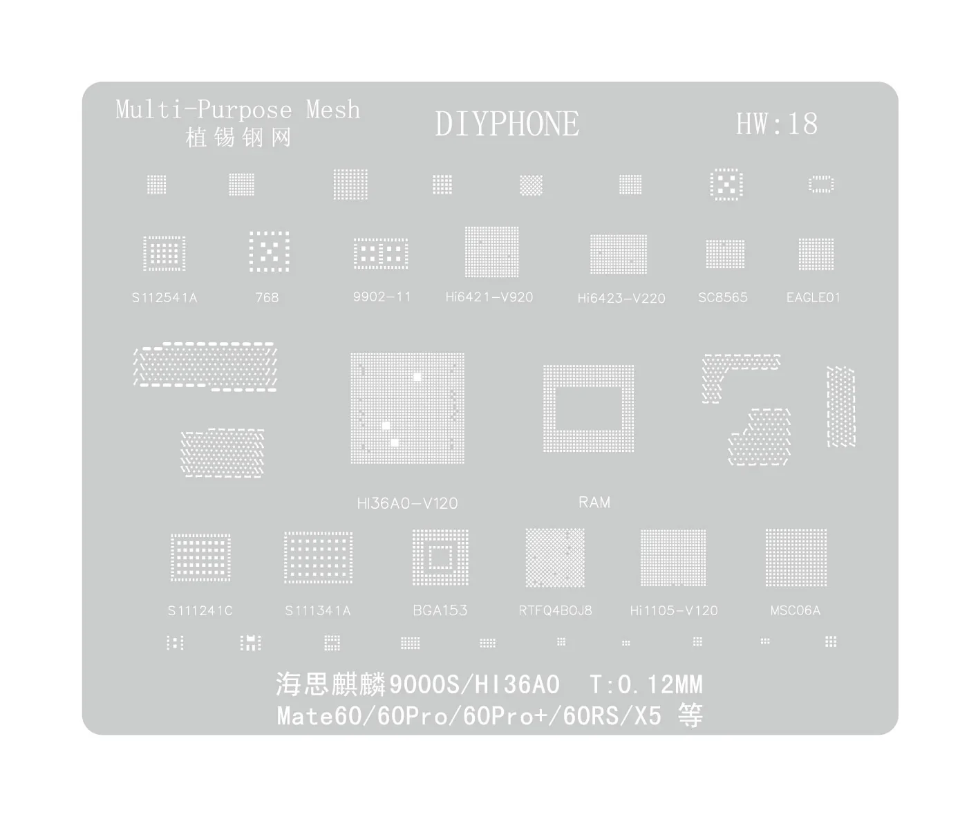 Amaoe BGA Reballing Stencil For Huawei CPU RAM WIFI IC HW1-HW19 - Image 40