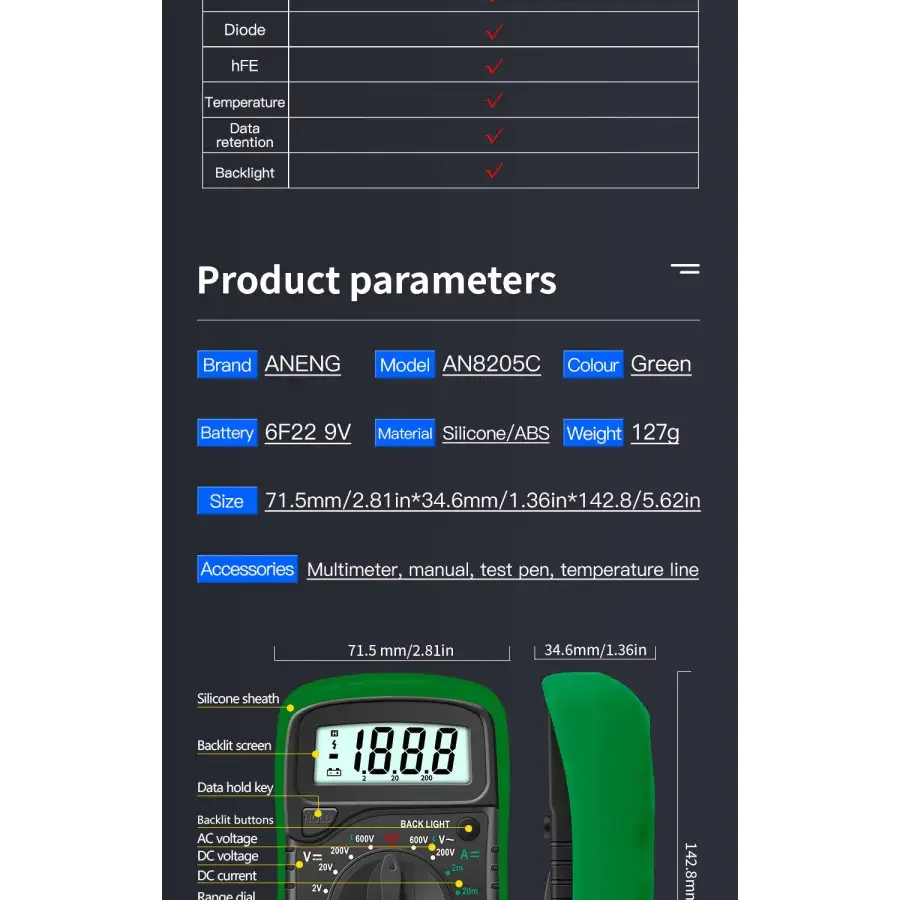 AN8205C Digital Multimeter AC/DC Volt Meter DC Ammeter Tester - Image 11
