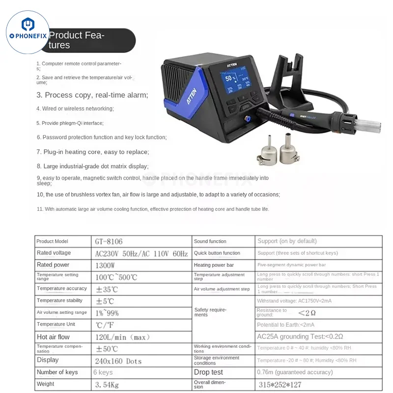 ATTEN GT-1028 GT-8100A Intelligent Digital Display Hot Air Rework Station - Image 9