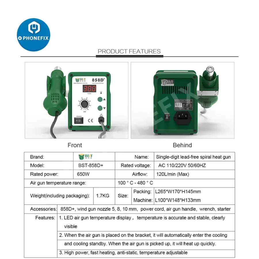 BST-858D+ Hot Air Gun Rework Soldering Station For Phone Repair - Image 4