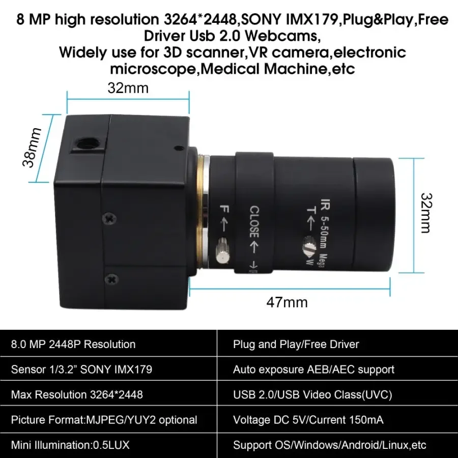 CCTV High Resolution 8MP USB Webcam Indurstrial USB Video Camera - Image 6