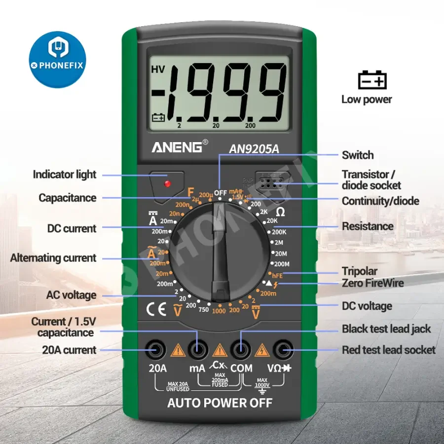DT9205A+ Digital Multimeter AC/DC Voltage Tester with 9V Battery - Image 3