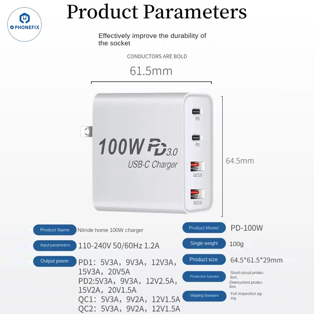 GaN PD-100W Charger with Convertible Plug for Laptops and Mobile Phone - Image 12