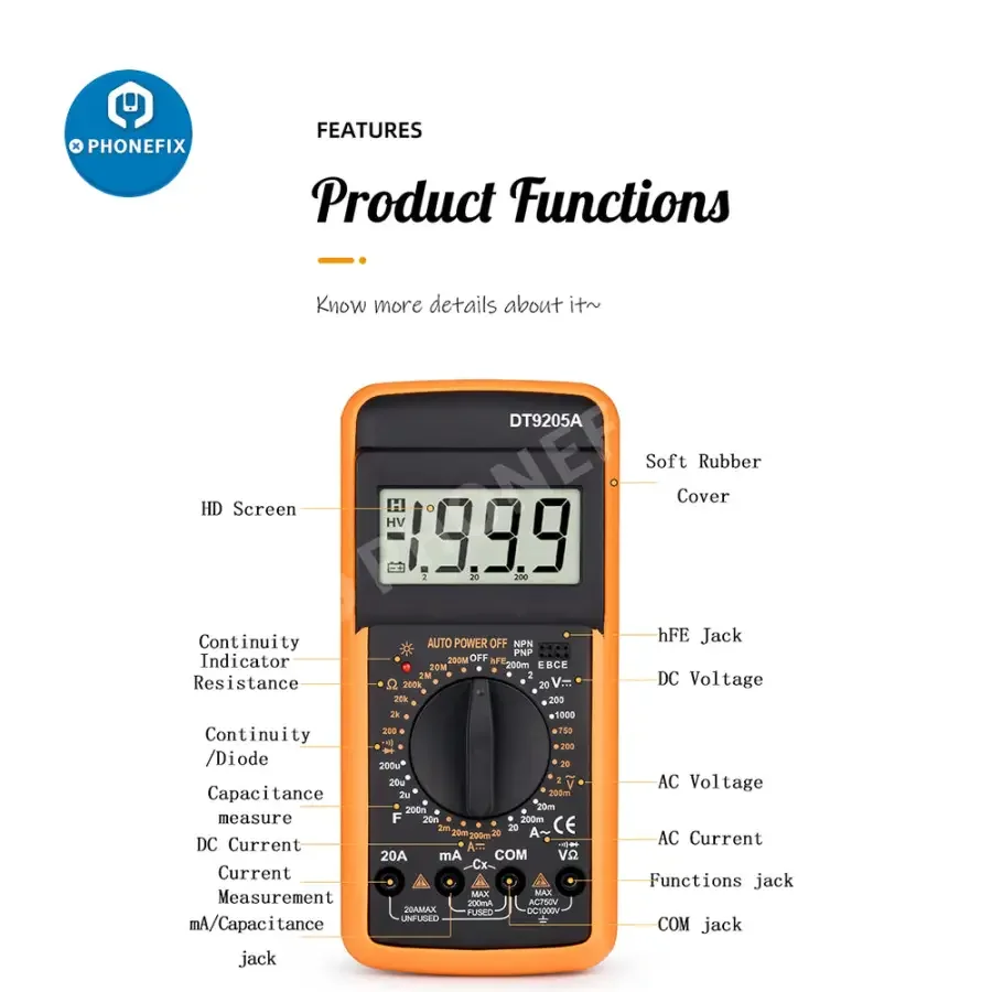 DT9205A Multimeter Voltage Current Resistance Capacitance Tester - Image 8