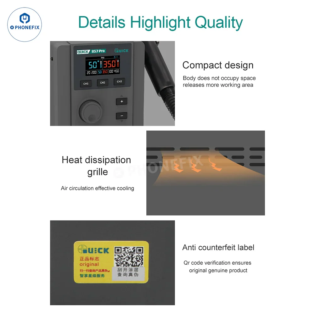 QUICK 857 Pro 580W Digital Hot Air Rework Station for Phone Repair - Image 2