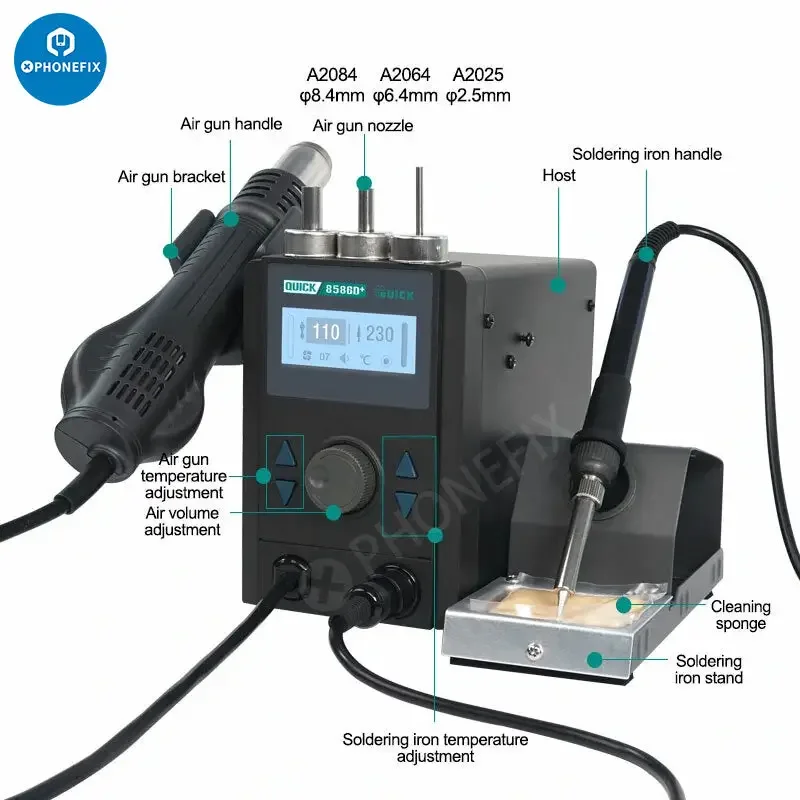 QUICK 8586D+ 2 in 1 Hot Air Gun Lead-free Soldering Station - Image 4