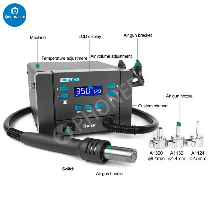 Quick K8 1000W Lead-free Smart Hot Air Desoldering Rework Station - Image 5