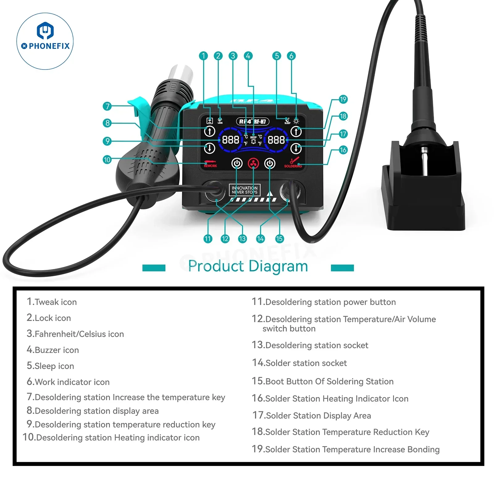 RF-H6 RF-H7 Hot Air Soldering Iron 2 in 1 Station Digital Touch Display - Image 13
