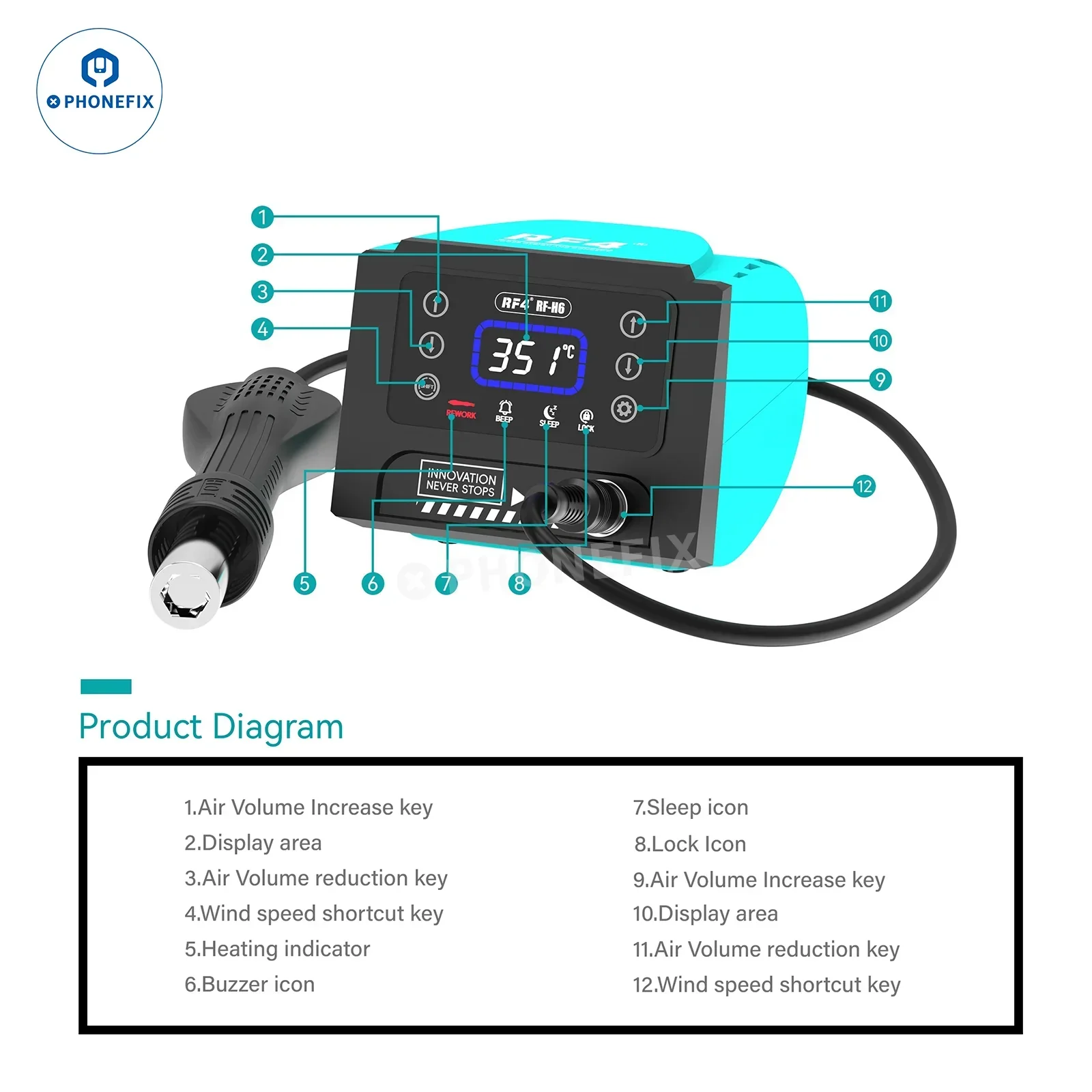 RF-H6 RF-H7 Hot Air Soldering Iron 2 in 1 Station Digital Touch Display - Image 7