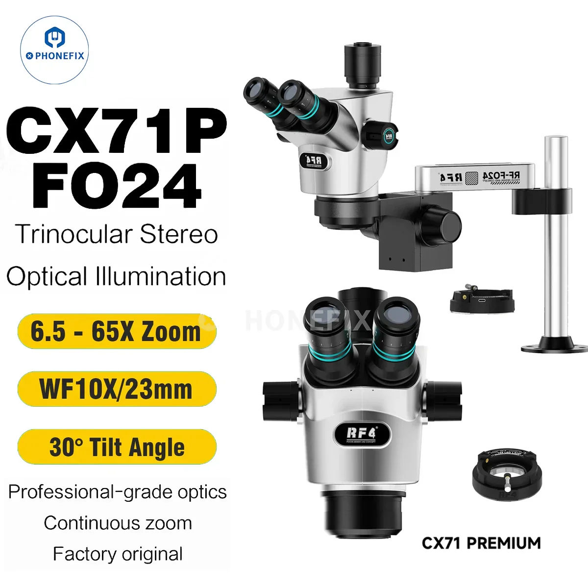 RF4 CX71P 6.5-65X Trinocular Stereo Microscope with Stand & Camera - Image 2