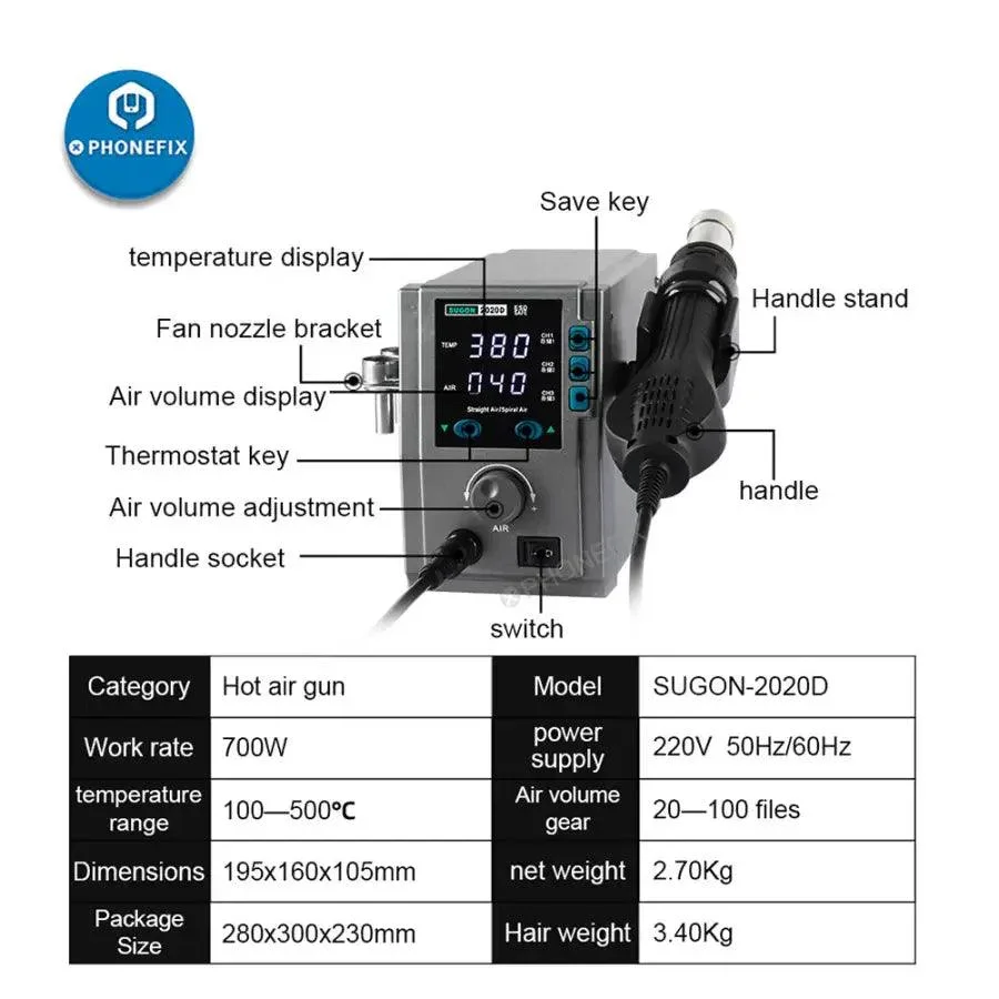 SUGON 2020D 700W Hot Air Gun BGA Desoldering Station Rework - Image 6