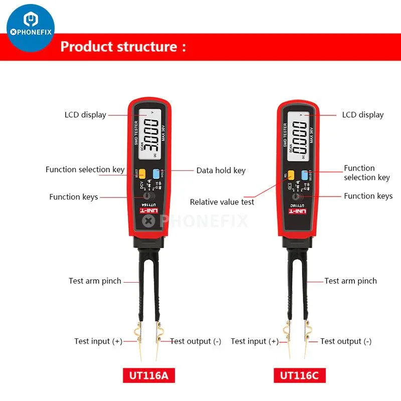 UNI-T UT116C Digital Multimeter SMD Tester With Rotatable Tweezers - Image 3