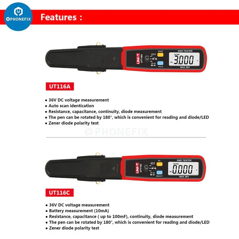 UNI-T UT116C Digital Multimeter SMD Tester With Rotatable Tweezers - Image 4