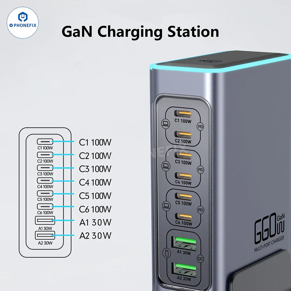 WLX-F8L 660W GaN 8-Port Fast Charger PD/QC3.0 Charging Station - Image 2