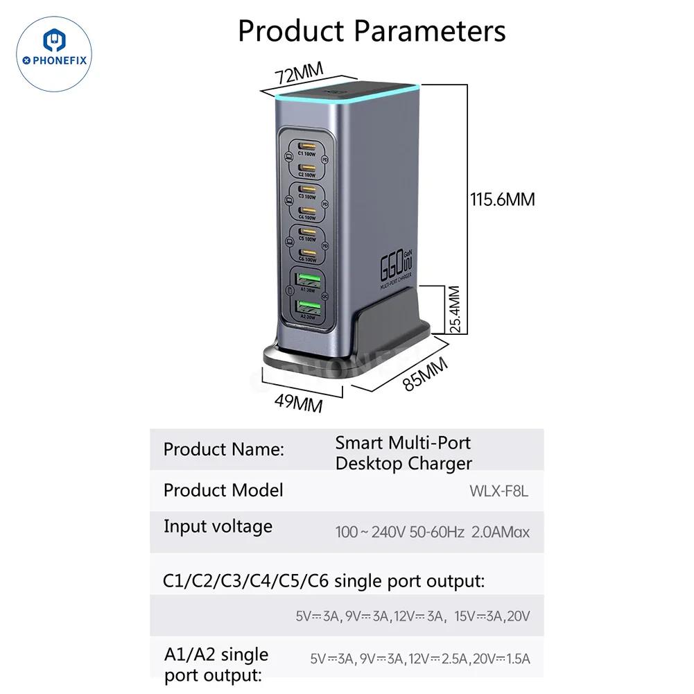 WLX-F8L 660W GaN 8-Port Fast Charger PD/QC3.0 Charging Station - Image 6